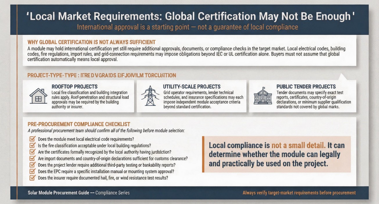 Local market requirements for PV module certification showing why global approval may not be enough for rooftop utility-scale and public tender projects